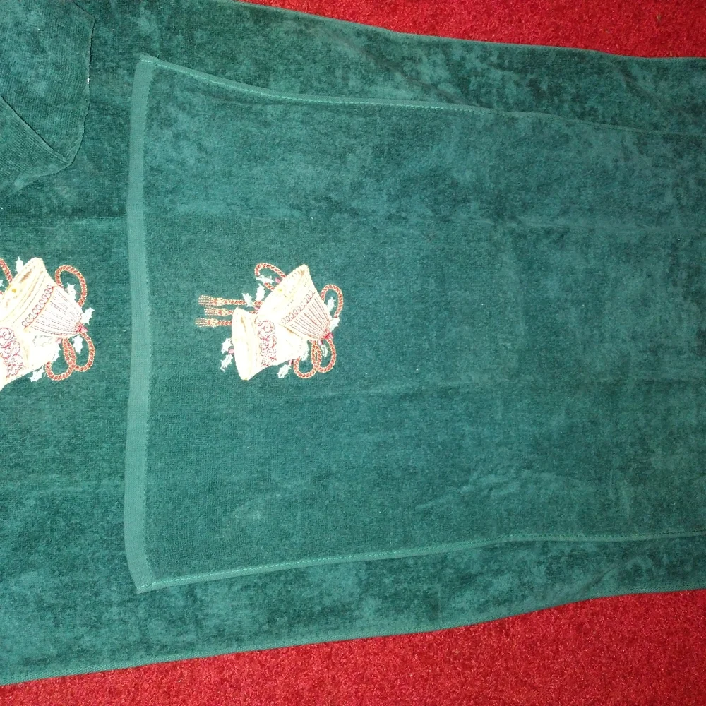 Set of 3 Green Christmas Themed Towels with Bell Applique